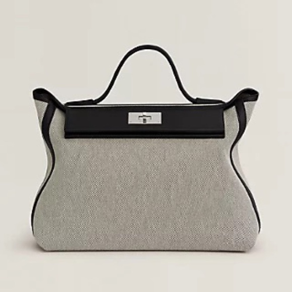 Hermès 24/24 35 Écru Noir Nour H Viking Canvas & Swift Calfskin Black White
